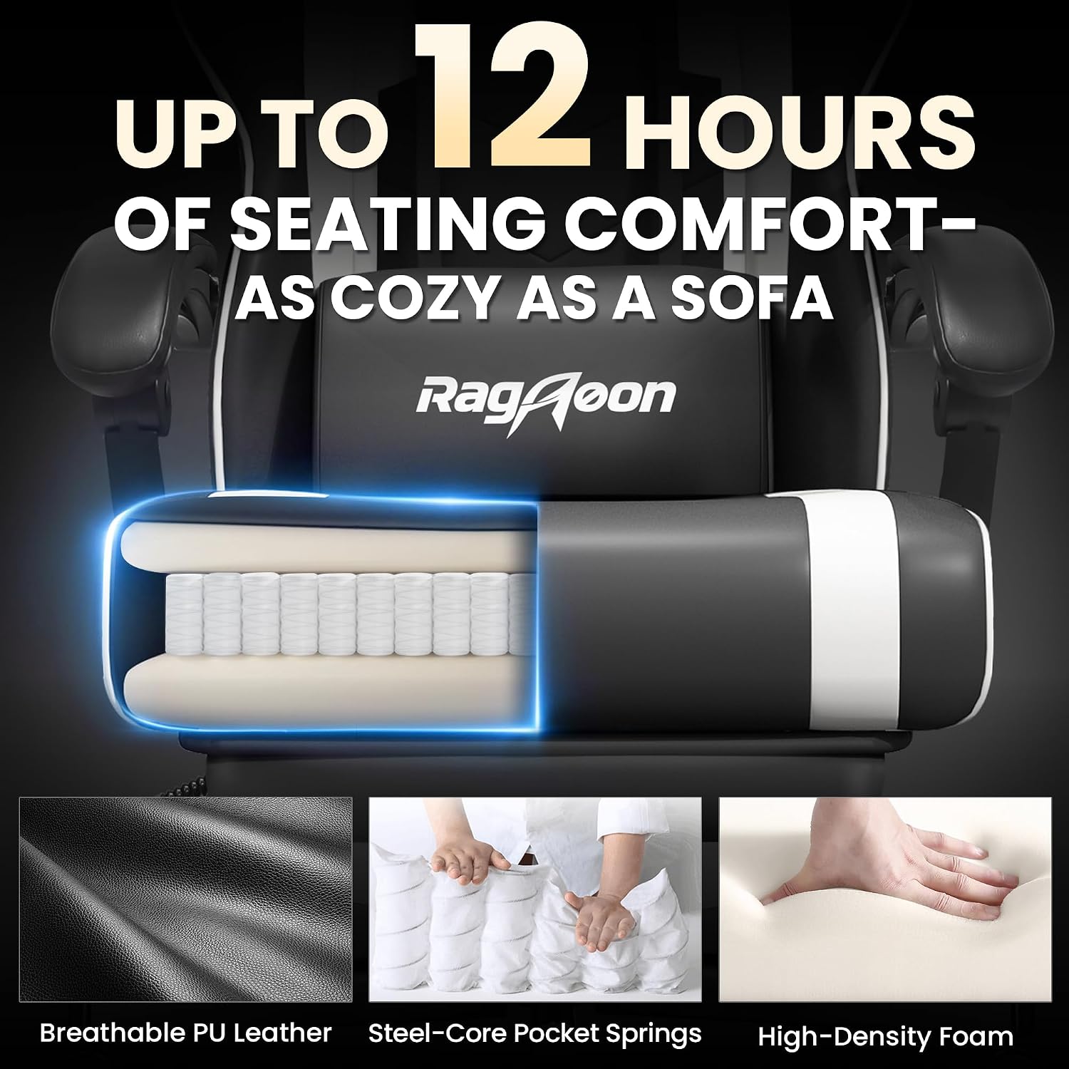 Gaming Chair for Adults Gamer Game Ergonomic PC Chair, 7-Point Support | Pocket Springs & Foam,51cm Wide Seat,Sync Armrests, 90°-135° Backrest, PU Leather, Black and White, 400lbs Load