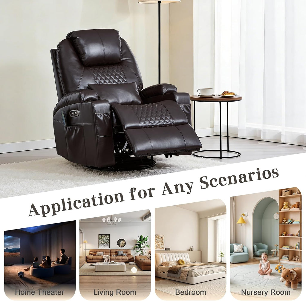 AHMED Dual Motor Power Swivel Rocker Recliner Chair, Faux Leather, Brown | Electric Glider Rocking Chair, Massage & Heat, Cup Holders, LED Lights, USB A/USB C Ports