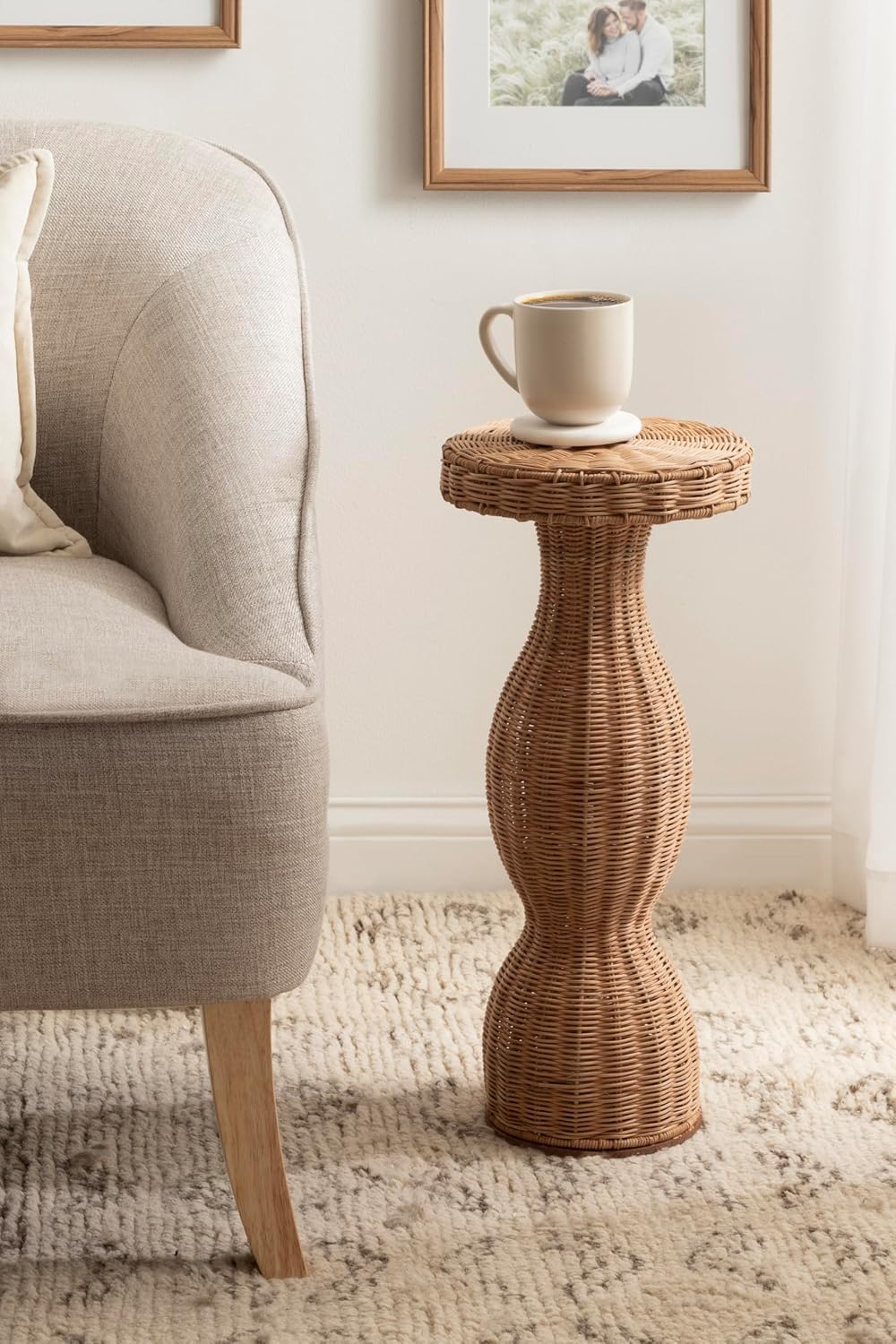 Kate and Laurel Sula Modern Woven Rattan Round Drink Table, 10 x 10 x 22, Natural Rattan, Boho Sculptural Circle Mini Table for Use as Indoor Plant Stand or Living Room Accent Table