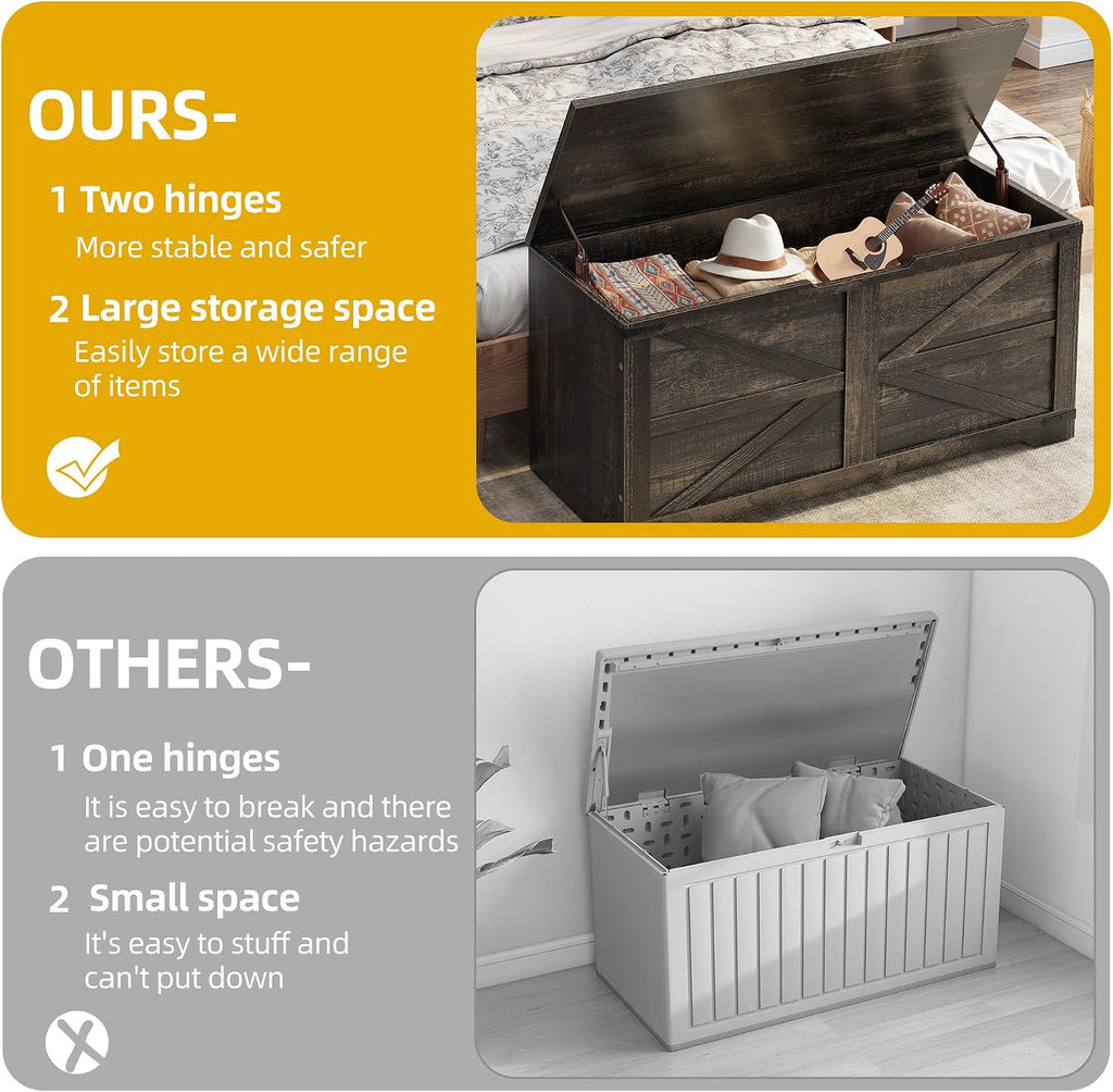 DWVO Wooden Storage Bench, Farmhouse Storage Chest with Safety Hinges, Entryway Shoe Organizer, Multi-Use Storage for Living Room/Bedroom, 39.4" L, Dark Rustic Oak