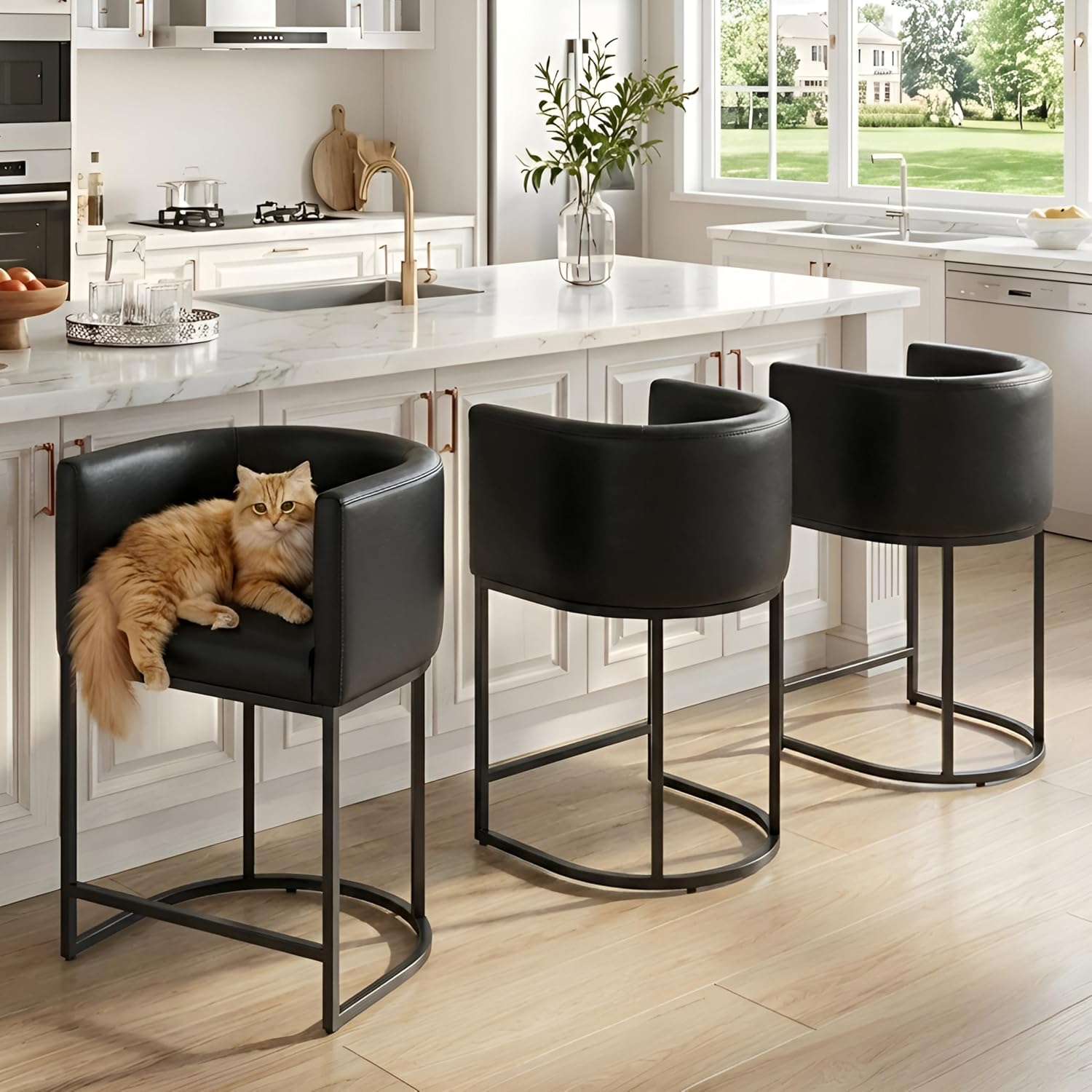 HNY Black Modern Barrel Counter Height Clearance Bar Stools Set of 3, 24 Inch PU Leather Kitchen Barstools with Back for Island, with Black Metal Tubular Frame