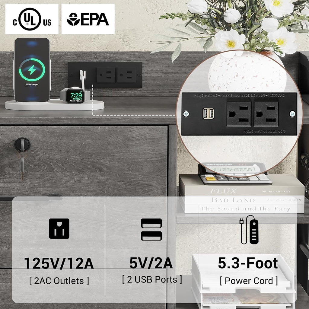 SEDETA 44" File Cabinet with Lock, Filing Cabinet fits Legal/Letter Size | Grey Lateral 2 Drawer Filing Cabinets for Home Office with Lock, Power Strip, 6 Storage Shelves, Wheels and 4 Hooks
