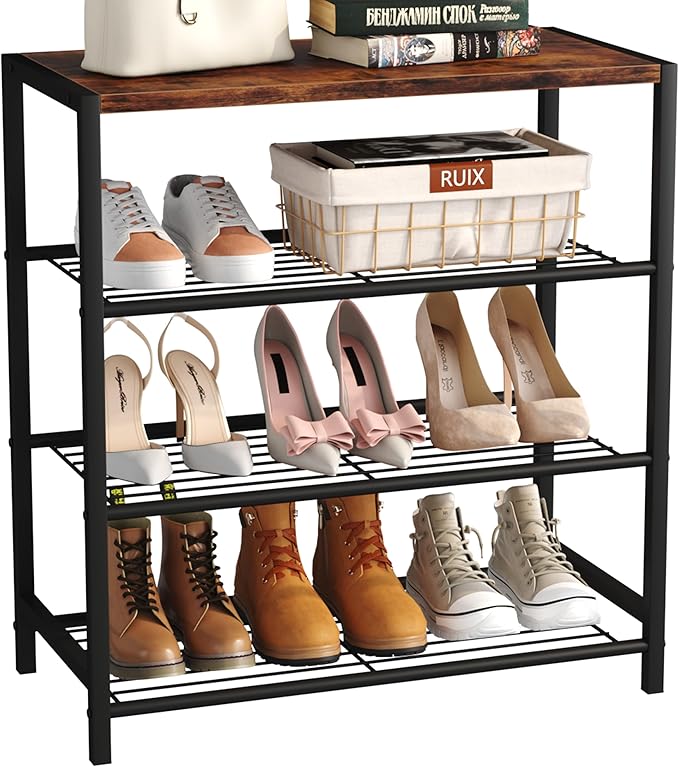 Yusong Shoe Rack Organizer, 4 Tier Industrial Shoe Storage Shelf, Narrow Sturdy Metal Shoe Shelves for Closet Entryway, Rustic Brown