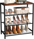 Yusong Shoe Rack Organizer, 4 Tier Industrial Shoe Storage Shelf, Narrow Sturdy Metal Shoe Shelves for Closet Entryway, Rustic Brown