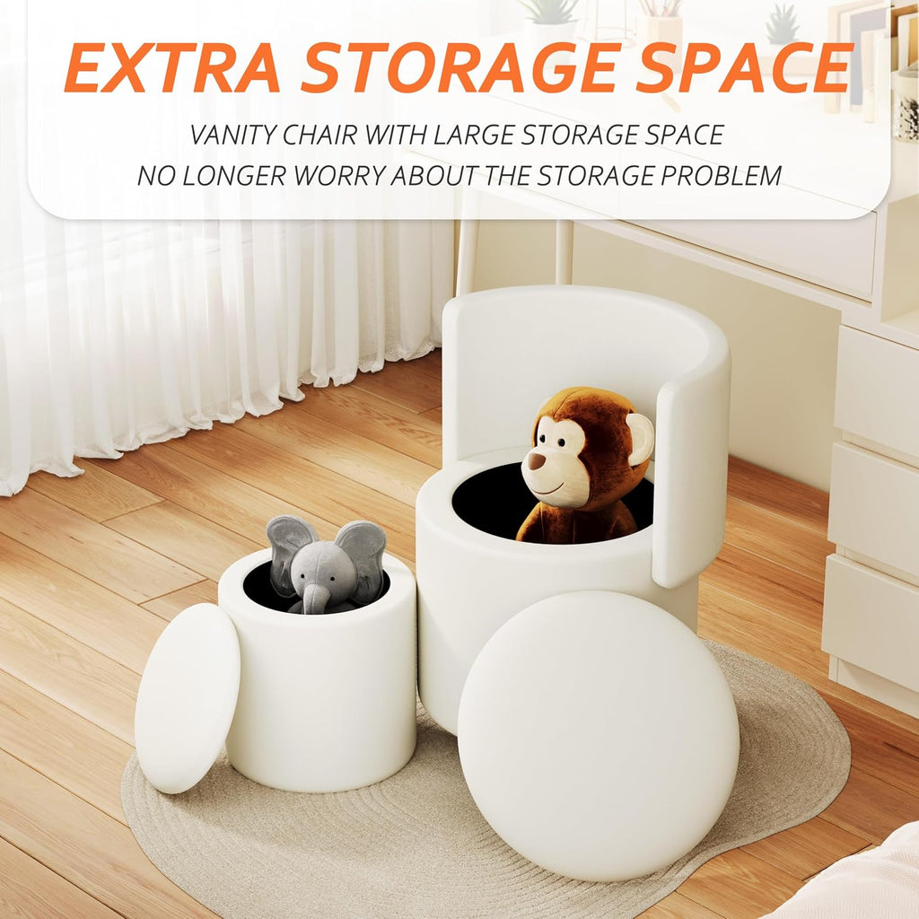 Round Vanity Chair with Storage, Rolling PU Leather Swivel Work Makeup Stool Chair with Folding Back, Upholstered Ottomans for Bedroom Living Room
