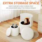 Round Vanity Chair with Storage, Rolling PU Leather Swivel Work Makeup Stool Chair with Folding Back, Upholstered Ottomans for Bedroom Living Room