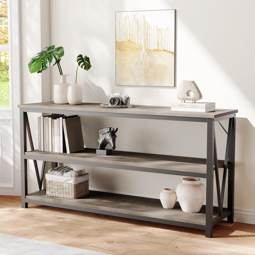 IDEALHOUSE Industrial Entryway Table, 47 in Narrow Long Console Table with Storage, 3 Tier Wood Console Table for Living Room, Farmhouse Sofa Tables Behind Couch, Hallway Table for Foyer-Grey