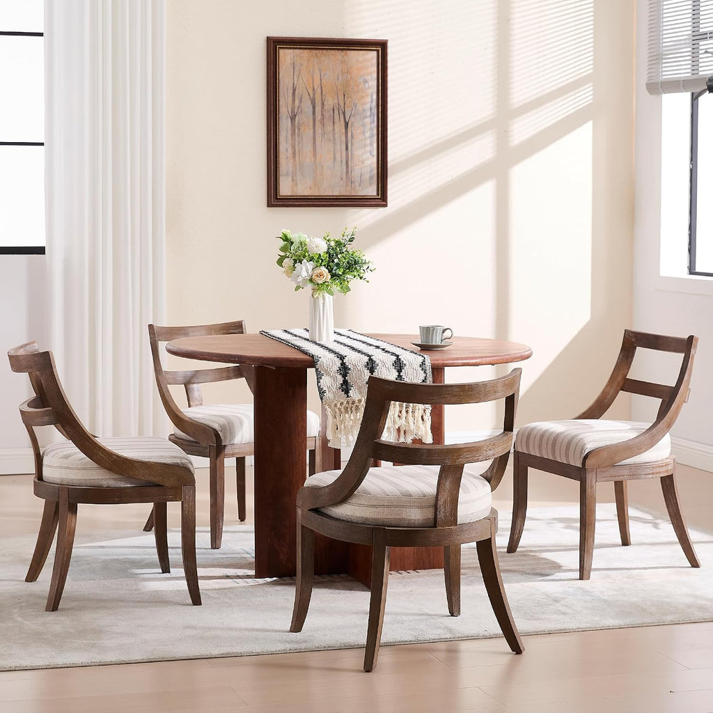 LZAREAL Modern Farmhouse Dining Chairs Set of 4 Mid Century Upholstered Dining Chair with Wooden Curved Back Kitchen Chairs for Dining Room Restaurant Cafe, Brown Walnut Colored-Linen Khaki Stripe