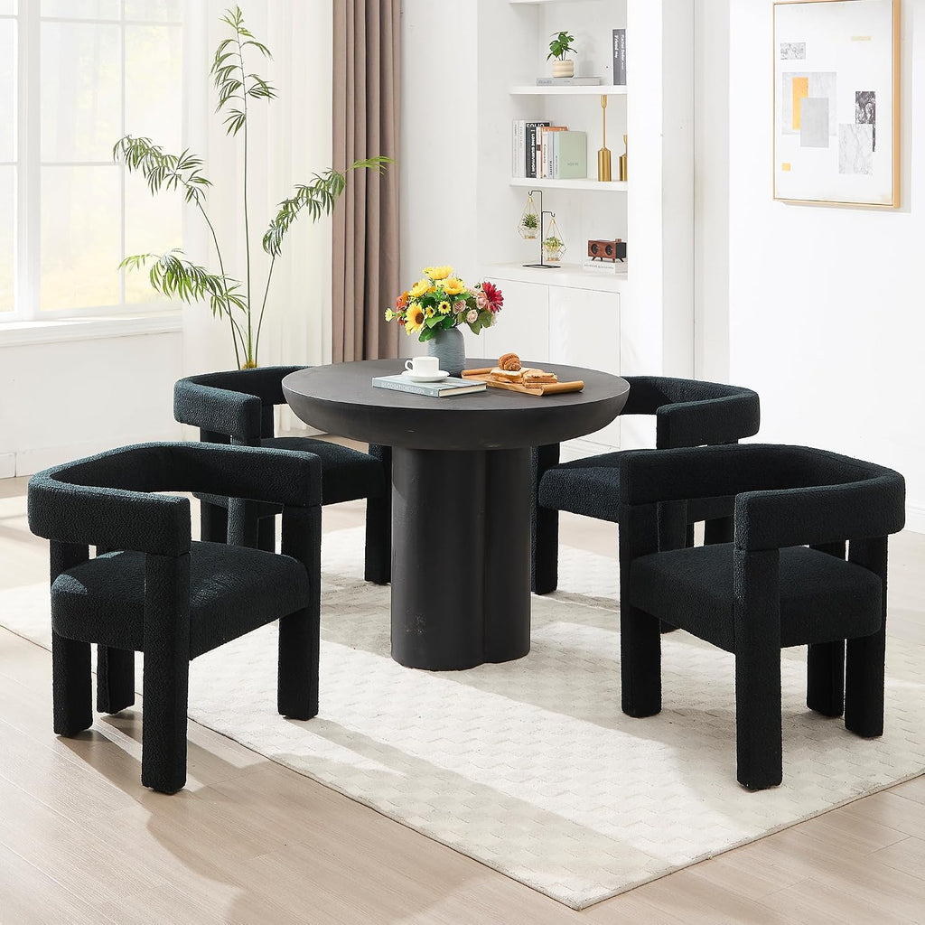 Modern Dining Chair Set of 2 / Living Room Chairs, Fabric Armchair, Upholstered Barrel Chair for Living Room Kitchen Reception (Black Teddy, Set of 6)
