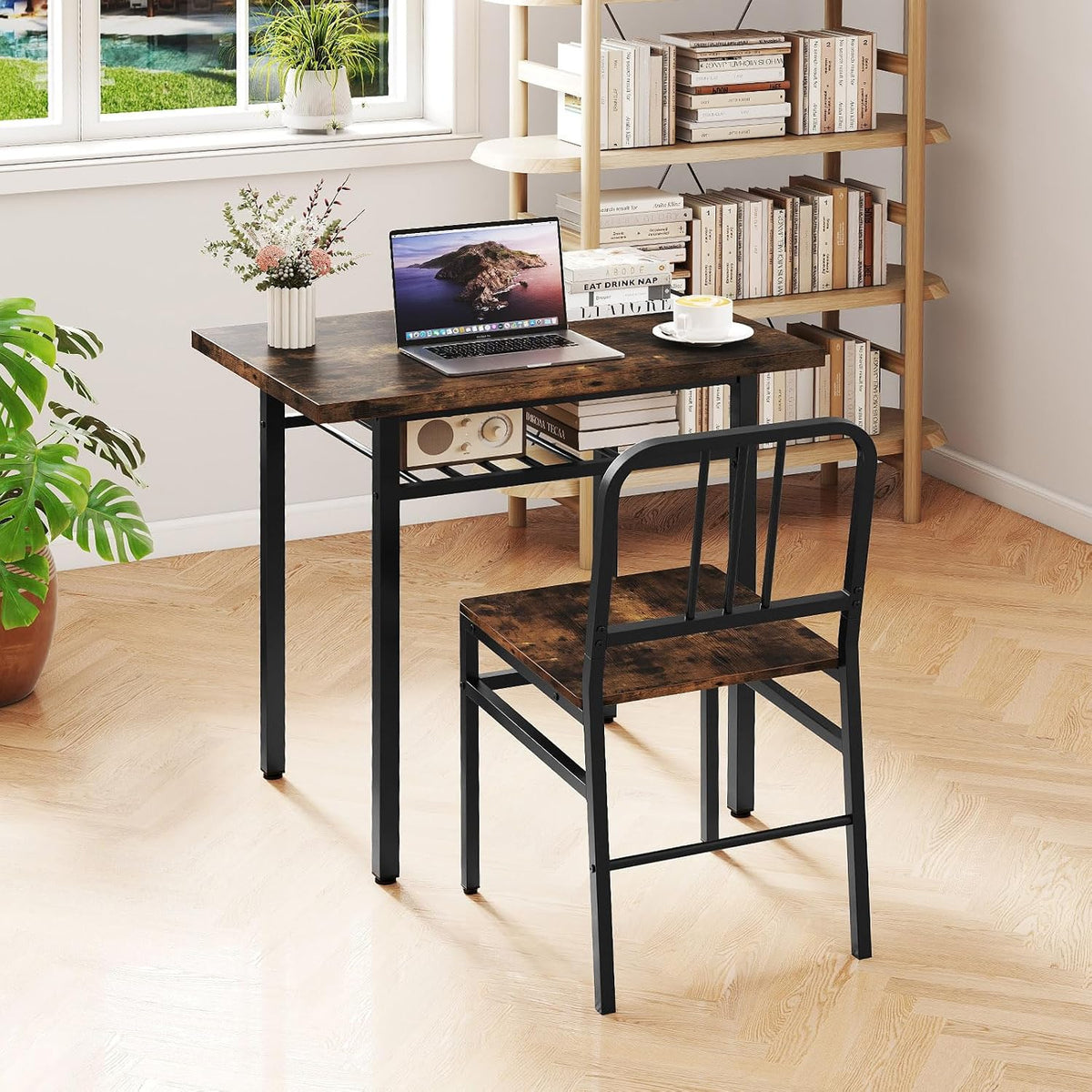 GOFLAME 3-Piece Dining Table Set for 2, Wooden Rectangular Kitchen Table and 2 Chairs with Storage Rack and Metal Frame, Space-Saving Dinette Set for Dining Room, Apartment, Small Space, Rustic Brown