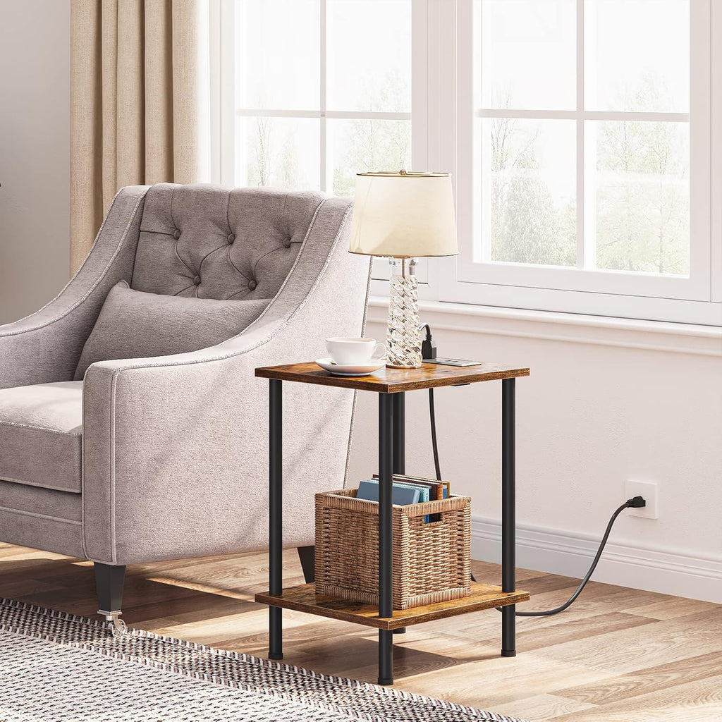 HOOBRO Side Table with Charging Station, Set of 2 End Tables with USB Port and Outlets, Nightstand with 2-Layer Storage Shelves for Small Spaces, Living Room, Bedroom, Rustic Brown BF09UBZP201