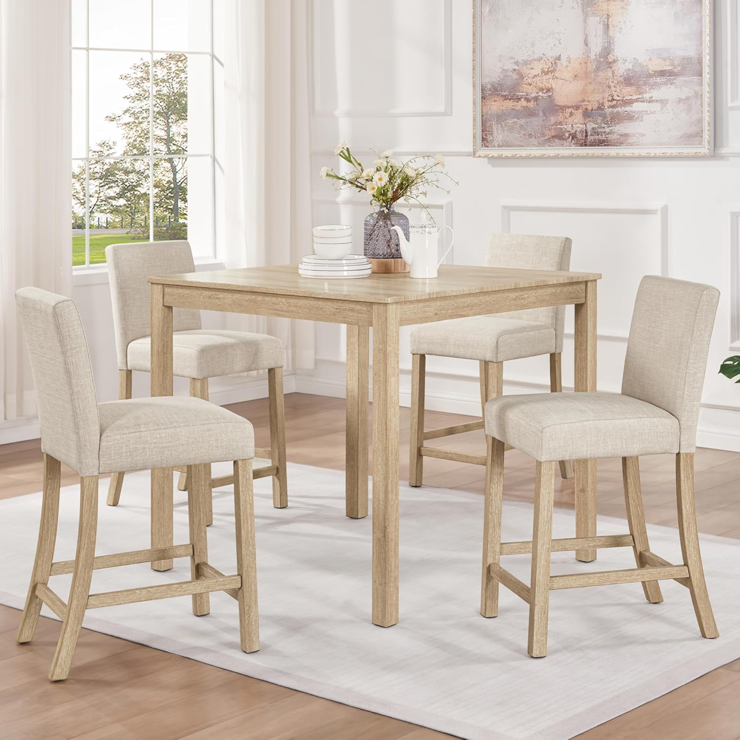 RuiSiSi 5-Piece Counter Height Dining Table Set, Square Dining Table White with 4 Upholstered Chairs, Solid Wood Kitchen Table and Chairs Set for Kitchen, Light Oak + Beige