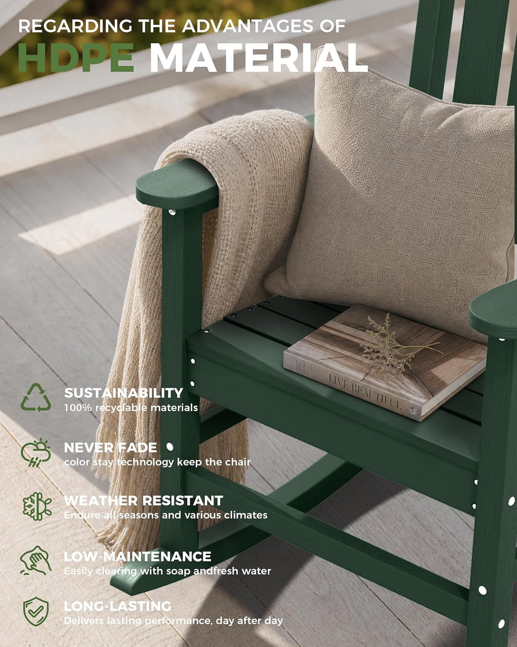 Oversized Outdoor Rocking Chair, High Back Porch Rocker Chair, HDPE All Weather Resistant Rocking Chairs for Patio, 380lbs Weight Capacity, Green