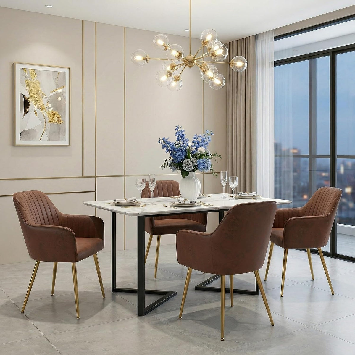 Set of 4 Dinning Chairs, Upholstered Accent Chairs with Black Finished Metal Plating Legs for Living Room Chairs, Brown