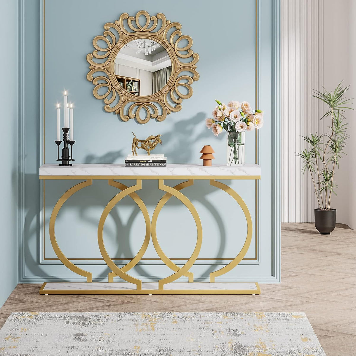 Tribesigns Gold Console Table, 55 inch Modern Entryway Table with Geometric Metal Frame, Faux Marble Narrow Long Sofa Table for Living Room, Entrance, Hallway, White and Gold