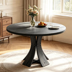 43.3" Round Dining Table for 4-6 People, Farmhouse Kitchen Table for 4-6, Mid Century Modern Circle Dining Table with Curved Solid Wood Frame for Kitchen Dining Room, Black