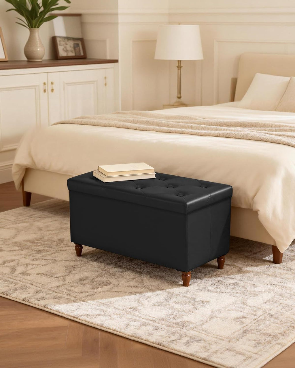 GLAXYFUR 30 Inches Ottoman with Storage, Folding Bench with Legs, Black | Faux Leather Foot Rest, Storage Chest for Living Room, Bedroom and Hallway, Upgrade Large Capacity