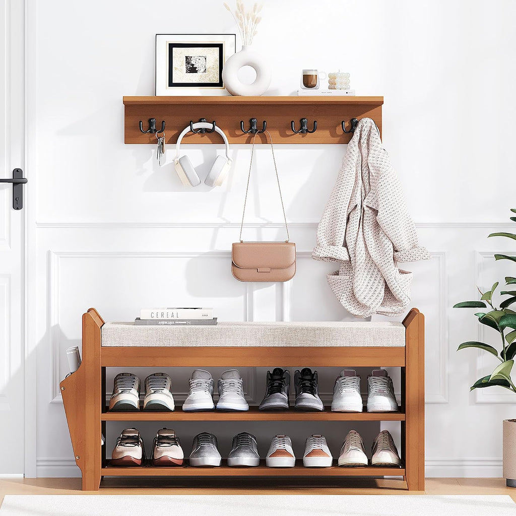 PETKABOO 31.5" Shoe Bench with Coat Rack Hidden Drawer and Side Holder, 2 Tier Entryway Bench with Storage 39.4 in, Bamboo Shoe Rack with Cushion for Entryway Hallway Living Room Bedroom