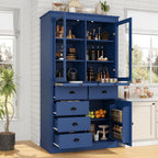 Pantry Stotrage Cabinet with Glass Doors and Serving Trays, Wood Display Cabinet with Stotrage Drawers and Shelves for Kitchen, Dining Room (Blue)