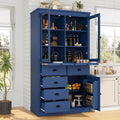 Tall Kitchen Pantry Cabinet with Glass Doors, Display Cabinet Coffee Bar Cabinet with Drawers, Serving Trays and Shelves for Dining Room, Living Room (Blue)