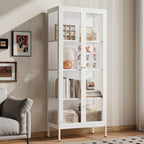 Glass Display Cabinet, 66" Tall Metal Storage Cabinet with Doors and Adjustable 3 Shelves, White Curio Glass Showcase, Pantry Storage Cabinet, Large Display Case for Living Room, Hallway, Kitchen