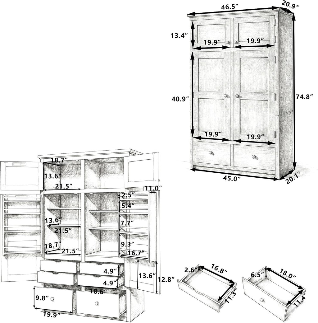 Freestanding Kitchen Pantry with Drawers, Shelves & Pull-out Trays,Gray | Freestanding tall unit with 8 door shelves, 4 pull-out trays, 6 drawers, gray finish, for dining room use