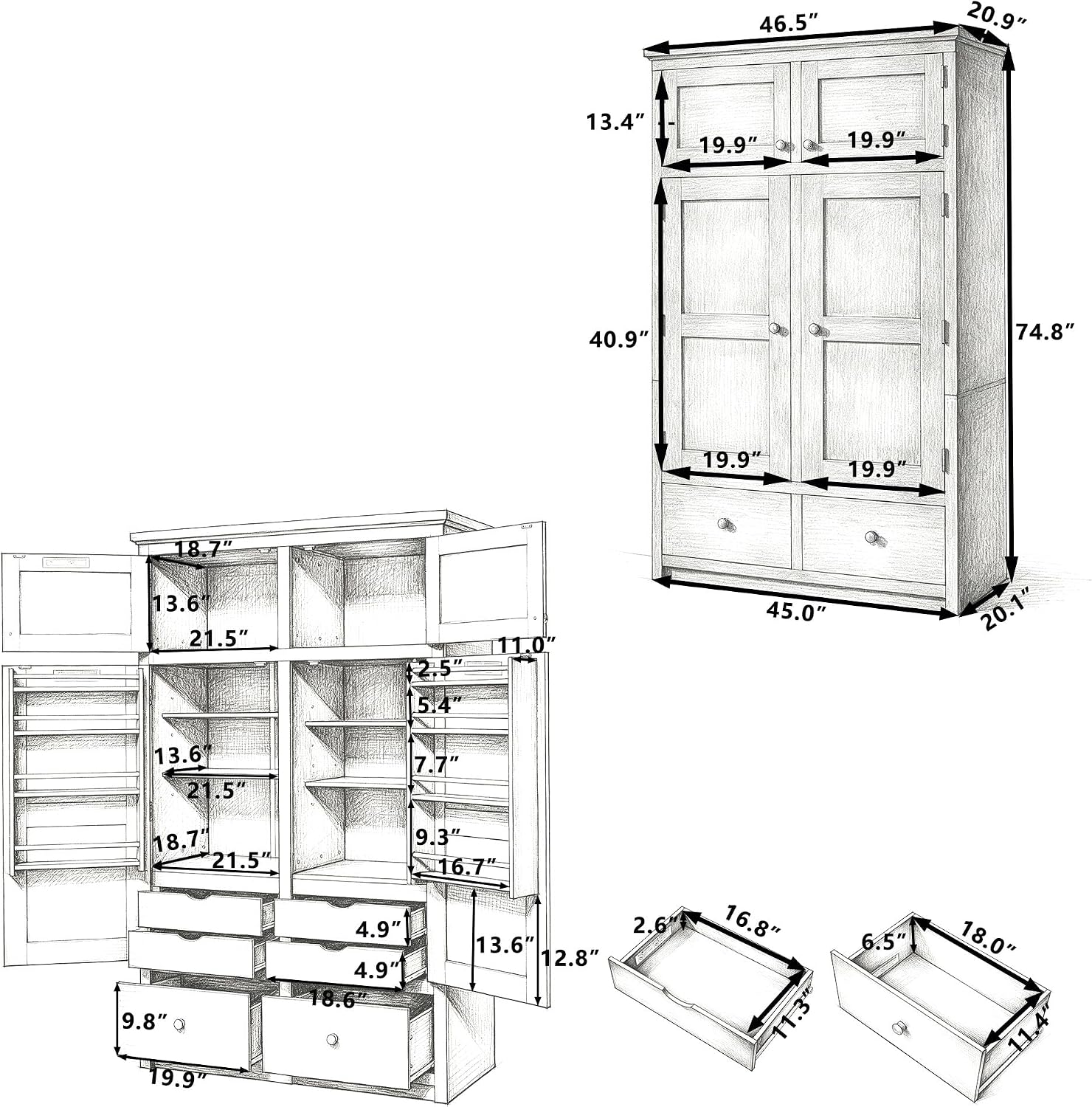 Freestanding Kitchen Pantry with Drawers, Shelves & Pull-out Trays,Gray | Freestanding tall unit with 8 door shelves, 4 pull-out trays, 6 drawers, gray finish, for dining room use