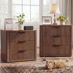 23" Wide Fluted Nightstands Set of 2, Bedroom End Table | Modern Nightstand, Metal Handle, Large Storage Bed Side Table for Bedroom, Living Room, Office, Walnut