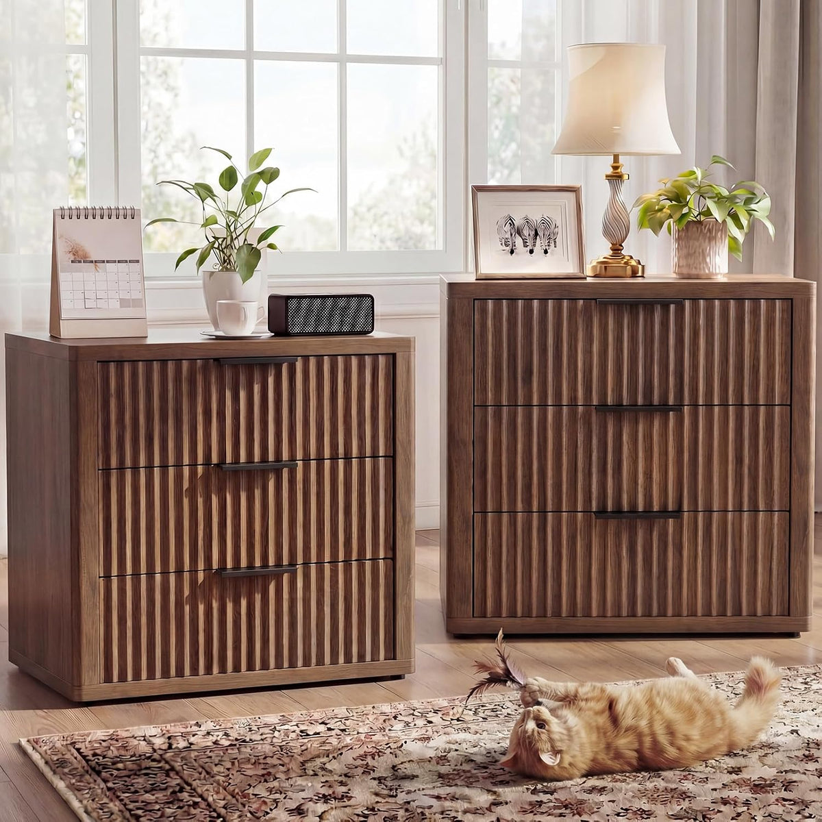 23" Wide Fluted Nightstands Set of 2, Bedroom End Table | Modern Nightstand, Metal Handle, Large Storage Bed Side Table for Bedroom, Living Room, Office, Walnut