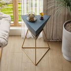 COZAYH Modern Geometric End Table with Wooden Top and Golden Metal Base, Unique Pyramid Side Table Plant Stand for Office, Living Room, Bedroom, Fully Assembled, Triangle, Blue