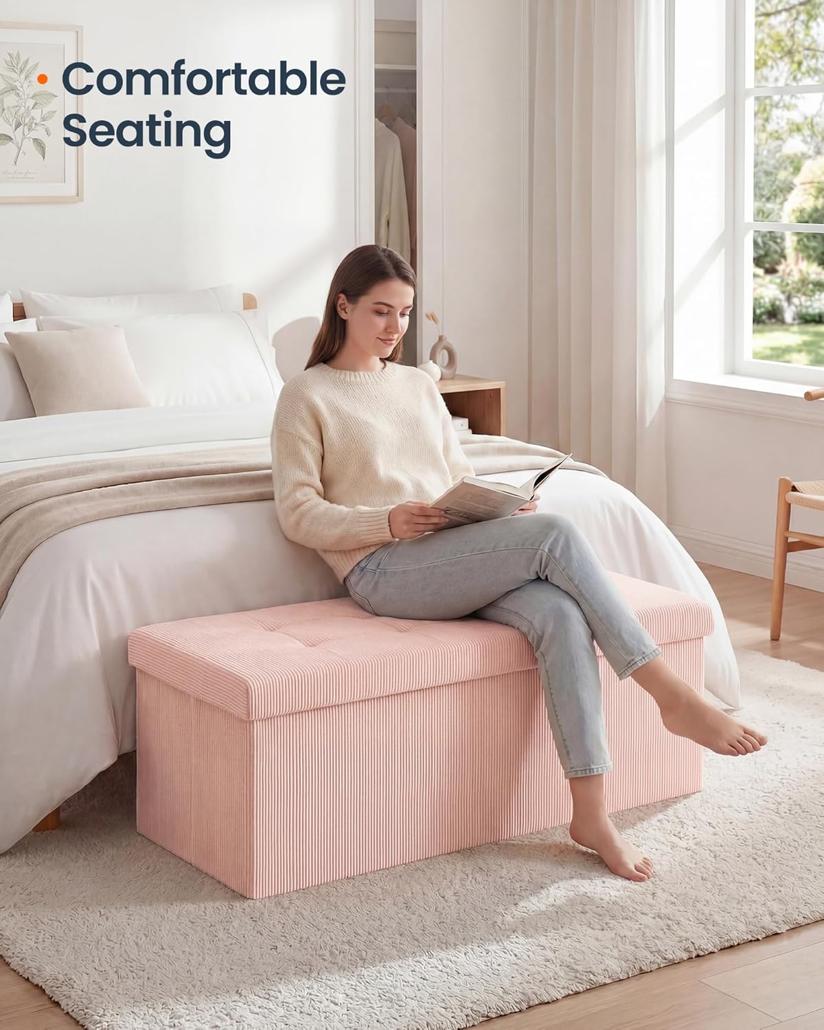 SONGMICS Home Ottoman with Storage, Removable Lid, Folding Storage Chest, Easy Assembly, for Entryway, Bedroom, Living Room, 15.2 x 43.2 x 15.2 Inches, Corduroy, Light Pink