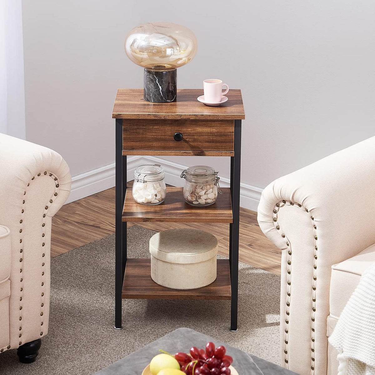 VECELO Tall End Table Set of 2,Nightstand with Drawer and Adjustable Storage Shelf,27.6 inch Side Table for Living Room/Bedroom/Entryway Small Spaces