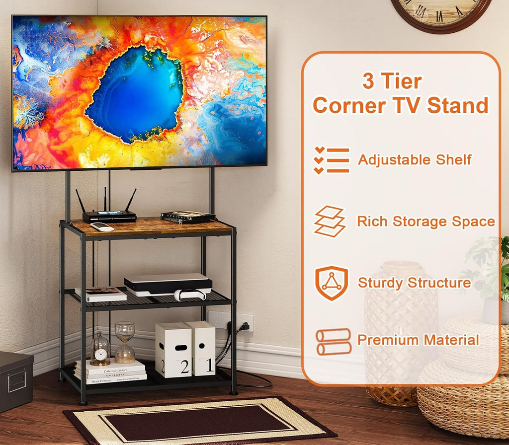 23 Inch to 50 Inch Floor Small Corner TV Stand with Storage Shelves for Living Room Bedroom, Universal Floor Television Stands with Mount, Rustic Brown Corner TV Table Desk Shelf for Small Space