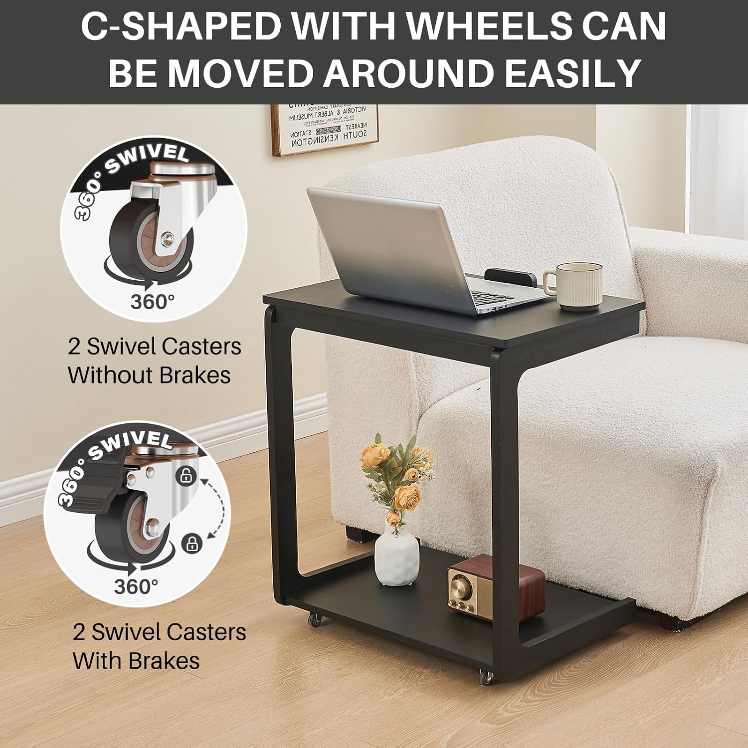 C-Shaped End Table with Wheels - Rolling Side Table for Couch, Solid Wood Modern Adjustable Angles Tv Tray Sofa Tables for Living Room, Bedroom, Home Office, Black, 15.4"D x 23.6"W x 24.8"H