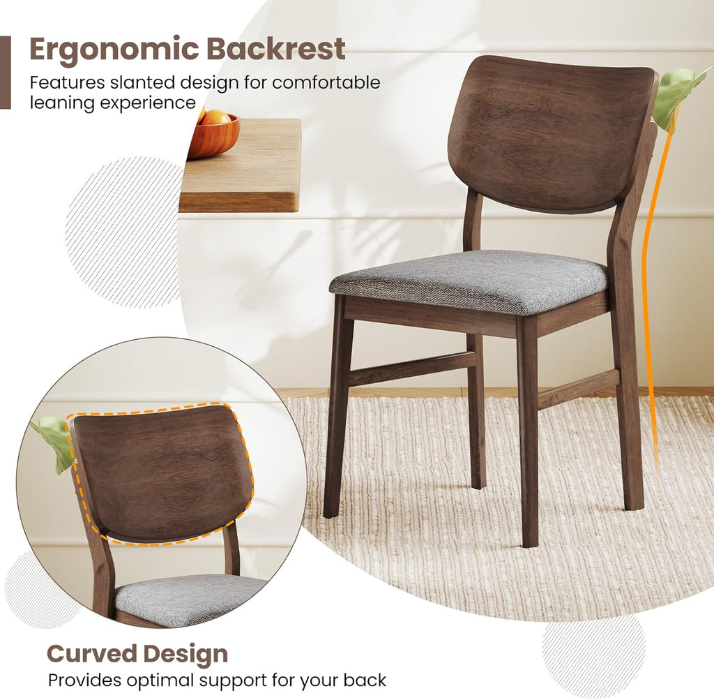 Giantex Wooden Dining Chairs Set of 4, Farmhouse Upholstered Kitchen Chairs w/Rubber Wood Frame, Gray Padded Seat, Curved Back, Armless Fabric Side Chairs for Dining Room, Living Room