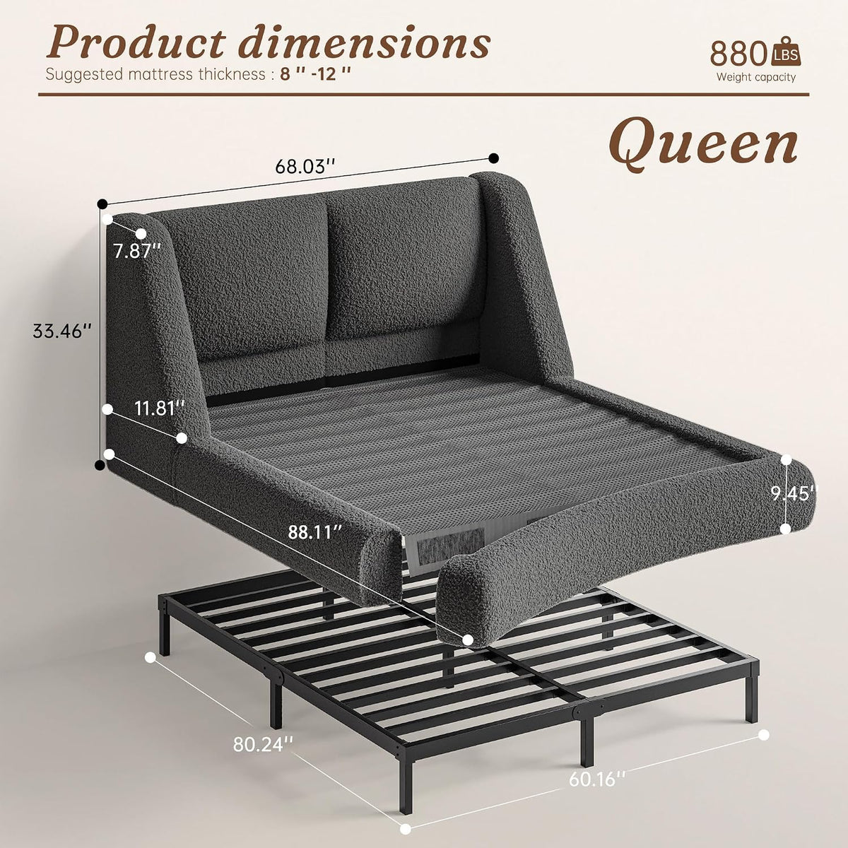 Homkdom Cloud Bed Frame Queen Size with 5" Headboard Protection