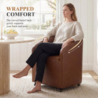 CIMOTA Brown PU Leather Barrel Dining Chairs with Wheels, Set of 1 — Modern Upholstered Swivel Dining Room Chairs on Casters for Kitchen, Living Room