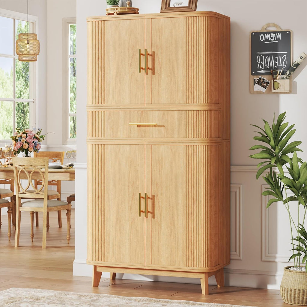 HUAHUU 71" Pantry Cabinet with Drawer, Kitchen Pantry Storage Cabinet with 4 Doors, Modern Curved Storage Cabinets with 10 Large Storage Spaces for Dining Room, Living Room, Oak