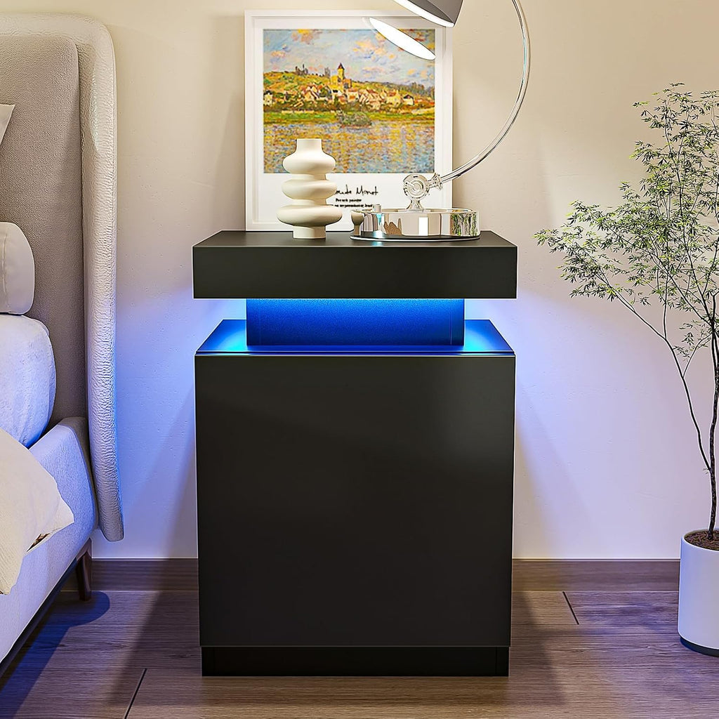 MXV Nightstand with LED Lights & Charging Station, Black Bedside Tables with USB Ports, Storage Cabinet & Drawers for Bedroom, Modern End Tables for Living Room(24 in Tall)
