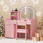 Gizoon Kids Vanity Desk with Mirror and Lights, Pink | Kids Makeup Vanity with 2 Tier Open Shelves Drawer and Cabinet, Todder Vanity Table and Chair Set for Little Girl