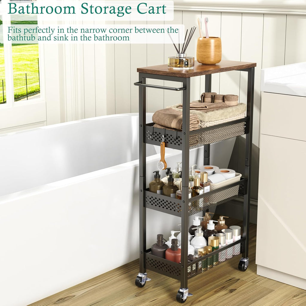 XYZLVSI Slim Rolling Storage Cart, 4 Tier Small Bathroom Cart Organizer | 9.1" W narrow storage cabinet with wooden top and metal handle, ideal for kitchen/dorm, between washer and dryer storage