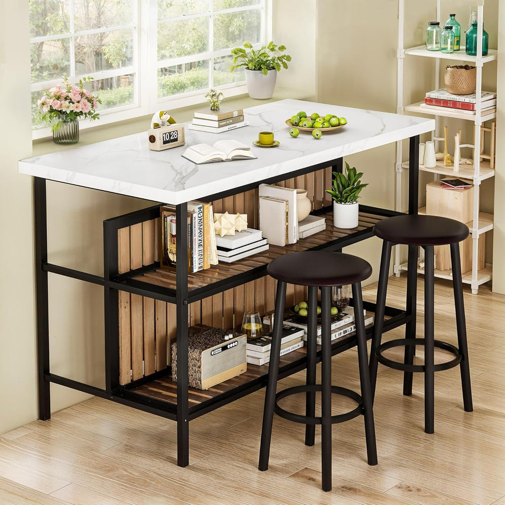 DKLGG Kitchen Island with Stools & Storage, Modern Dining Table Set for 2, 3 Piece Kitchen & Dining Room Sets Island Table for Small Space, Apartment, Home Bar, White