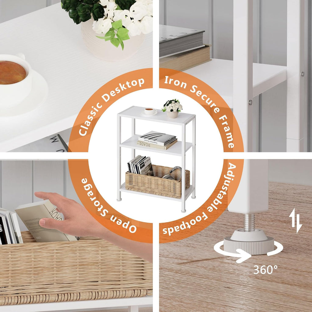 3-Tier Side Table Set of 2, Small End Table, Sofa Side Table for Narrow Spaces, Slim End Table, Nightstand Table, for Living Room Bedroom Office, White