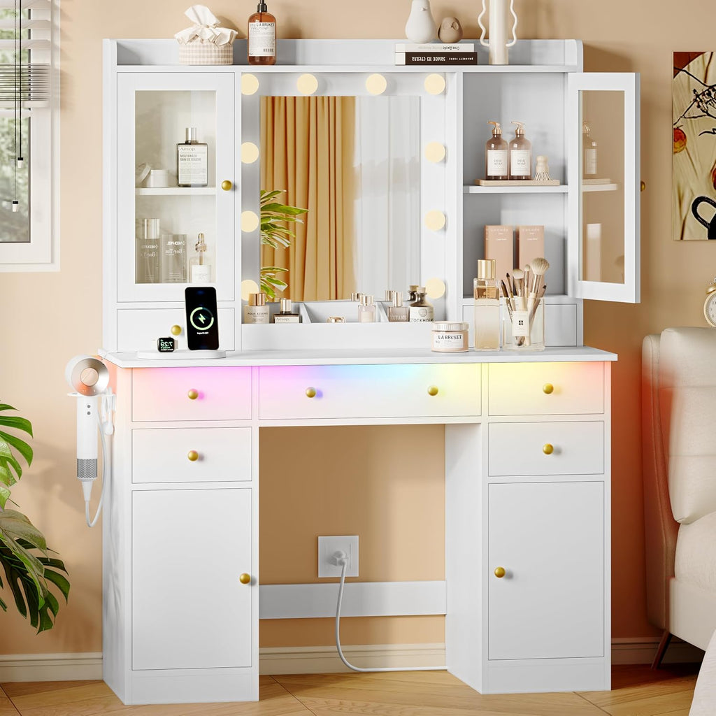 Xixini 44" Vanity Desk with Mirror & Lights, Glass Storage Cabinets, White | Makeup Table Set with Charging Station, RGB Light Strip, 7 Drawers & Open Shelf, 3 Light Modes & Dimmable for Women & Girls