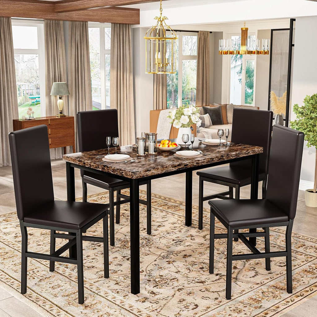 Recaceik 5-Piece Dining Table Set for 4, Faux Marble Kitchen Table Chairs Set of 4, Kitchen Table Set with 4 Upholstered PU Leather Chairs for Dining Room, Living Room, Apartment, Small Spaces, Brown