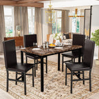 Recaceik 5-Piece Dining Table Set for 4, Faux Marble Kitchen Table Chairs Set of 4, Kitchen Table Set with 4 Upholstered PU Leather Chairs for Dining Room, Living Room, Apartment, Small Spaces, Brown