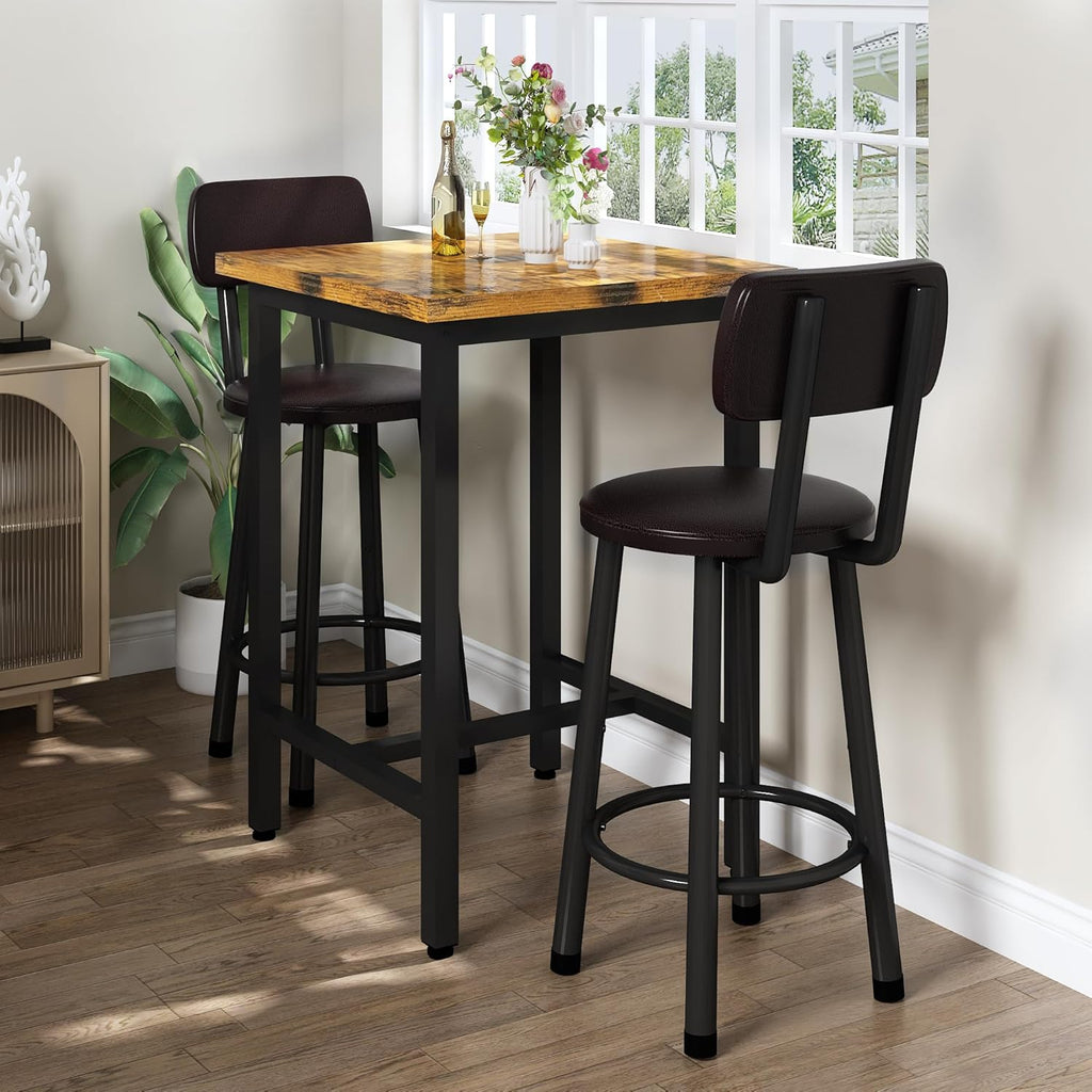 Recaceik 3 Piece Pub Dining Set, Modern bar Table and Stools for 2 Kitchen Counter Height Wood Top Bistro Easy Assemble for Breakfast Nook Living Room Small Space Restaurant, Rustic Brown 24”