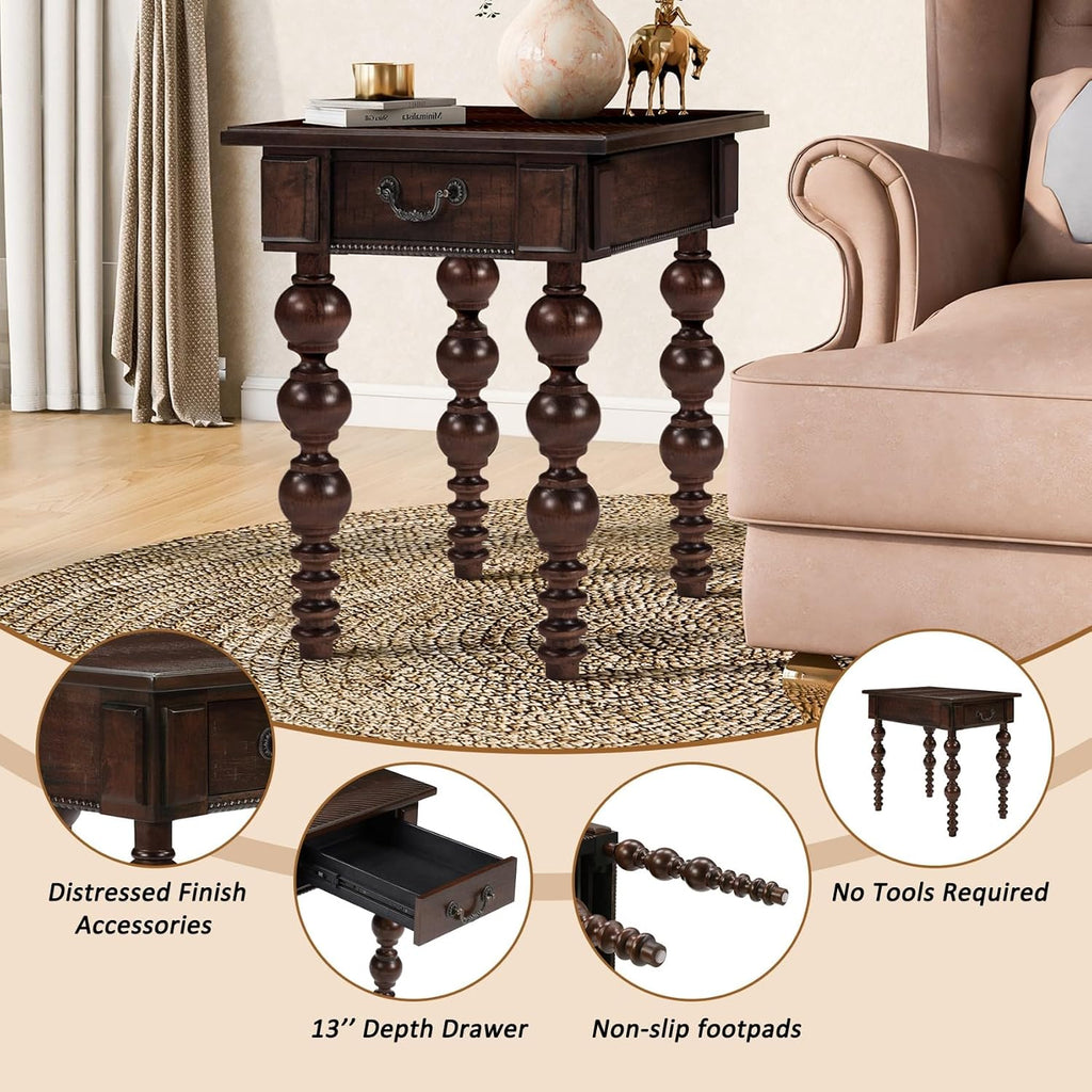 KEIKI Solid Rubber Wood Round Side End Table with Storage Drawer, Traditional Vintage Couch Sofa Bedside Table Night Stand for Living Room Bedroom, Easy Assembly, Espresso