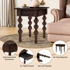 KEIKI Solid Rubber Wood Round Side End Table with Storage Drawer, Traditional Vintage Couch Sofa Bedside Table Night Stand for Living Room Bedroom, Easy Assembly, Espresso
