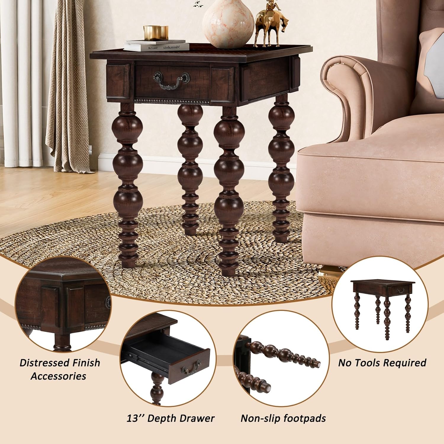KEIKI Solid Rubber Wood Round Side End Table with Storage Drawer, Traditional Vintage Couch Sofa Bedside Table Night Stand for Living Room Bedroom, Easy Assembly, Espresso